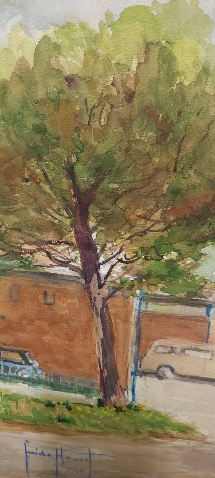 Guido hanset (1910-1992) watercolor on paper view of genoa ? 1968 signed