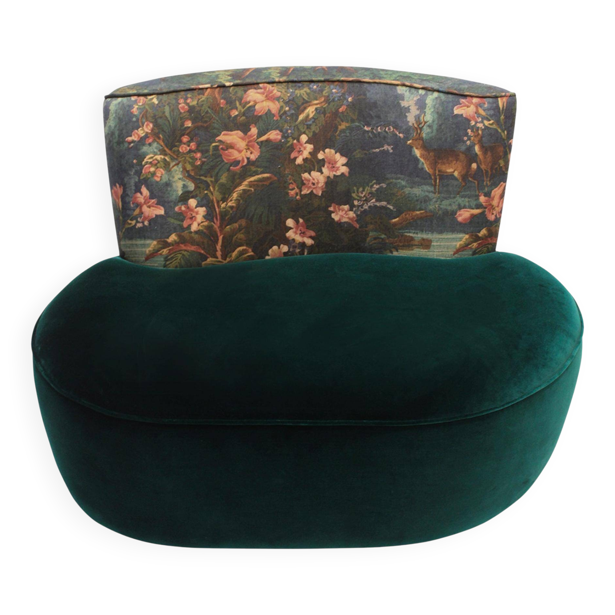 Modern Mid-Century Style Green and Forest Motif Linen and Velvet Armchair France