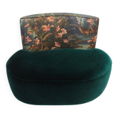 Fauteuil en lin et velours au motif vert et forêt de style moderne mi-siècle, France