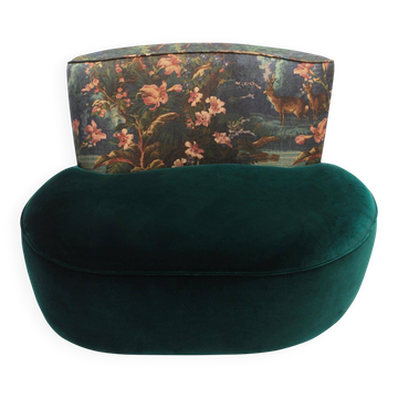 Fauteuil en lin et velours au motif vert et forêt de style moderne mi-siècle, France