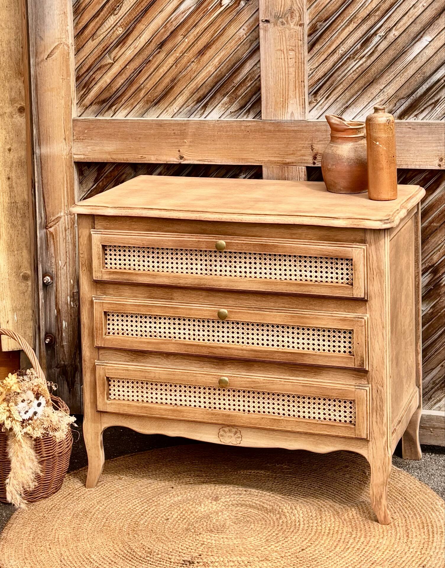 Antique oak commode with cane work - 3 drawers