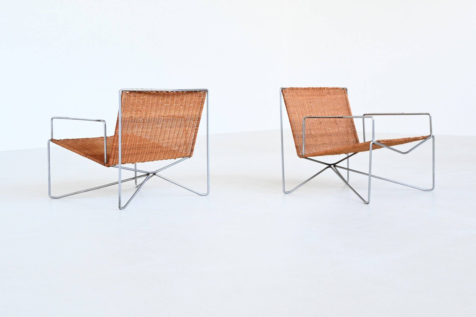 Pair of lounge chairs steel and rattan Gelderland The Netherlands 1964