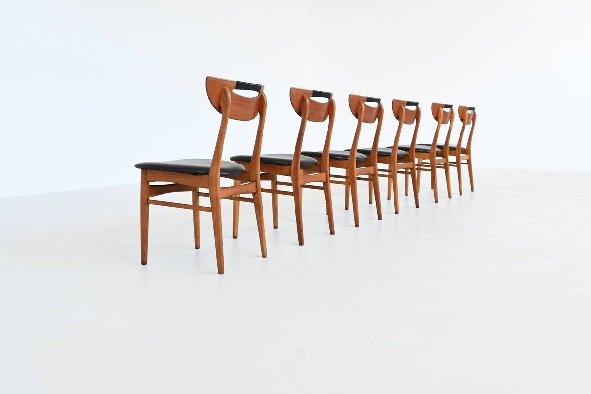 Set of six Danish dining chairs in teak and faux leather Denmark 1960