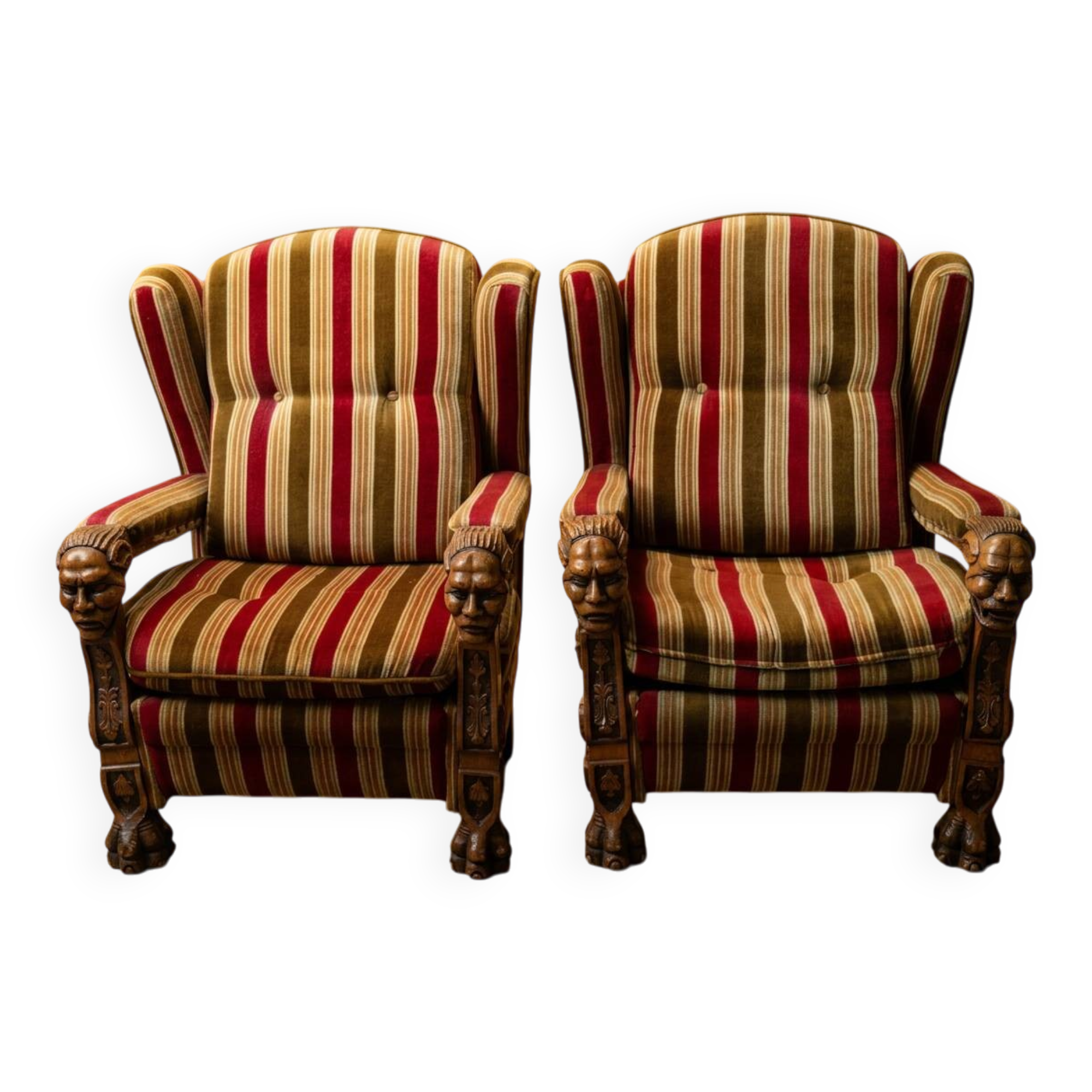 Pair of Spanish Renaissance Style Armchairs - Carved Solid Wood Years