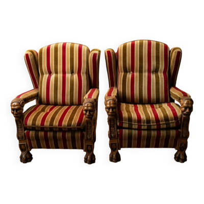 Paire de Fauteuils Style Renaissance Espagnole- Sculptés Bois Massif Années
