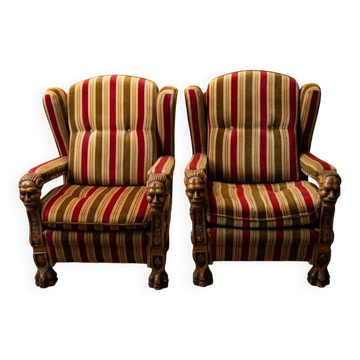 Paire de Fauteuils Style Renaissance Espagnole- Sculptés Bois Massif Années