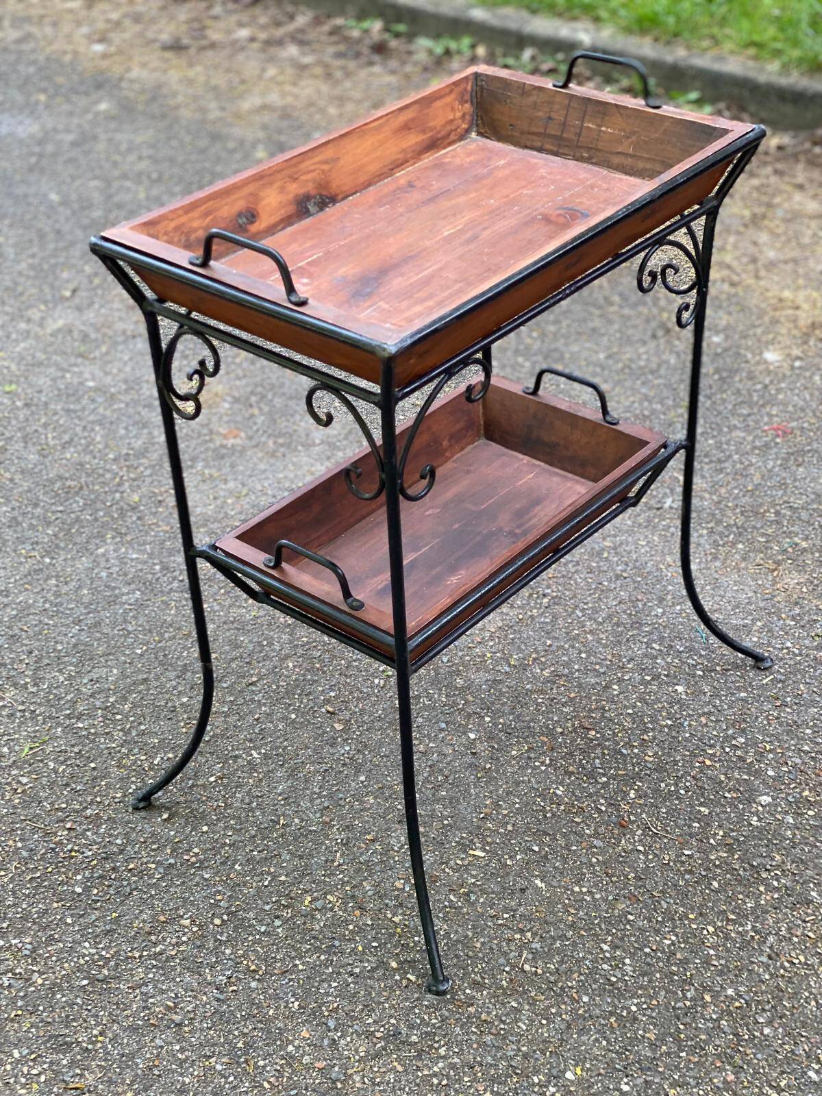 Vintage dessert table in wrought iron and solid wood with double top.