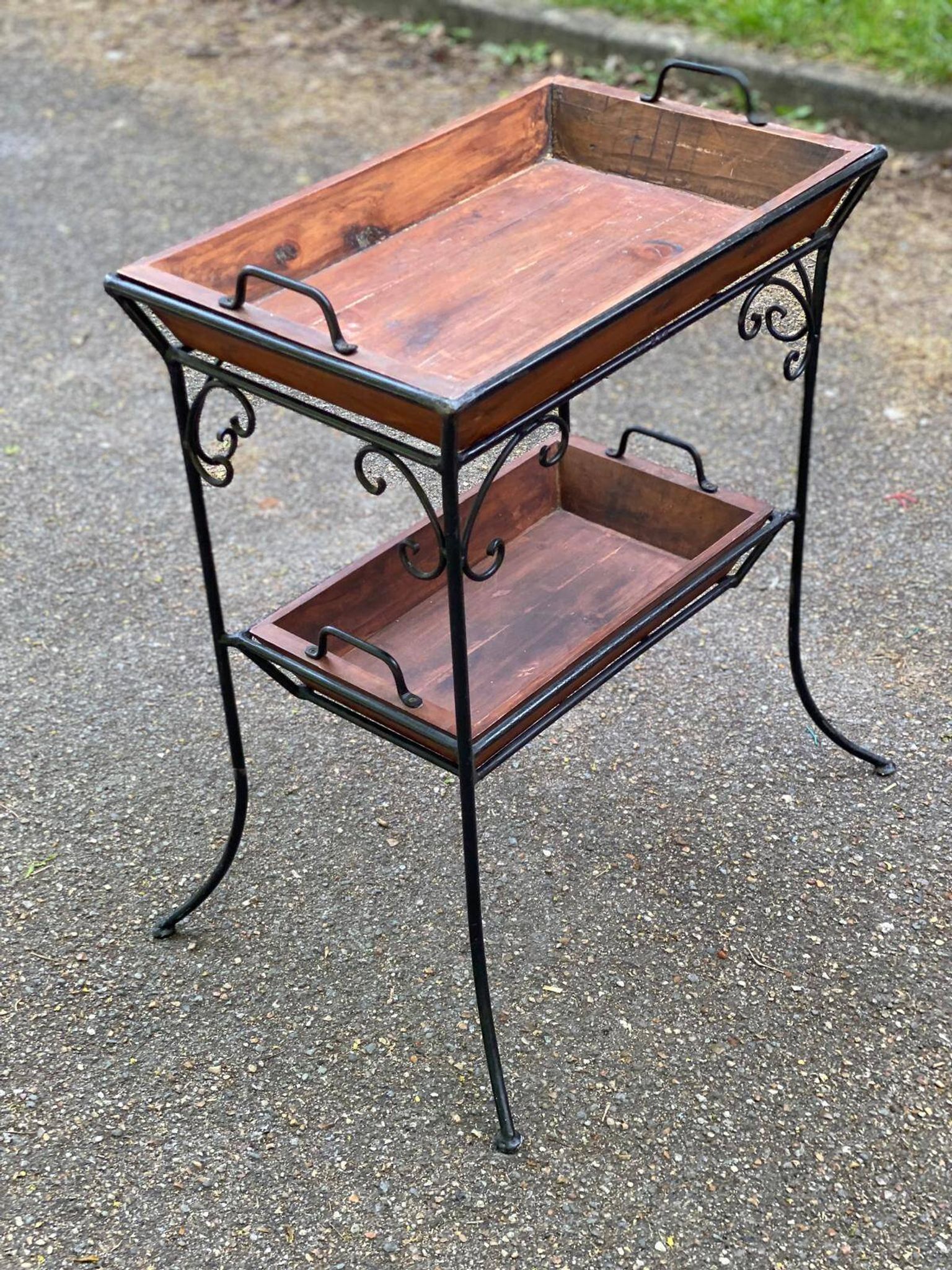 Vintage dessert table in wrought iron and solid wood with double top.