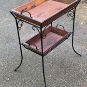 Vintage dessert table in wrought iron and solid wood with double top.