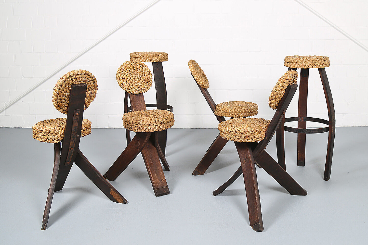 Original set of 4 tripod chairs by Frida Minet and Adrien Audoux, 1950s, France