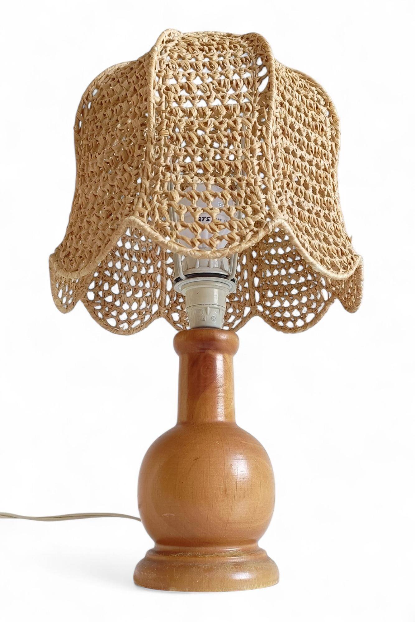 Mid-Century Bohemian Table Lamp, Pine Wood & Raffia, Italy, 1970s