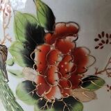 Chinese polychrome porcelain base. Peacock/birds of paradise designs. Corolla-shaped collar with ribbon. 30 x 15 cm
