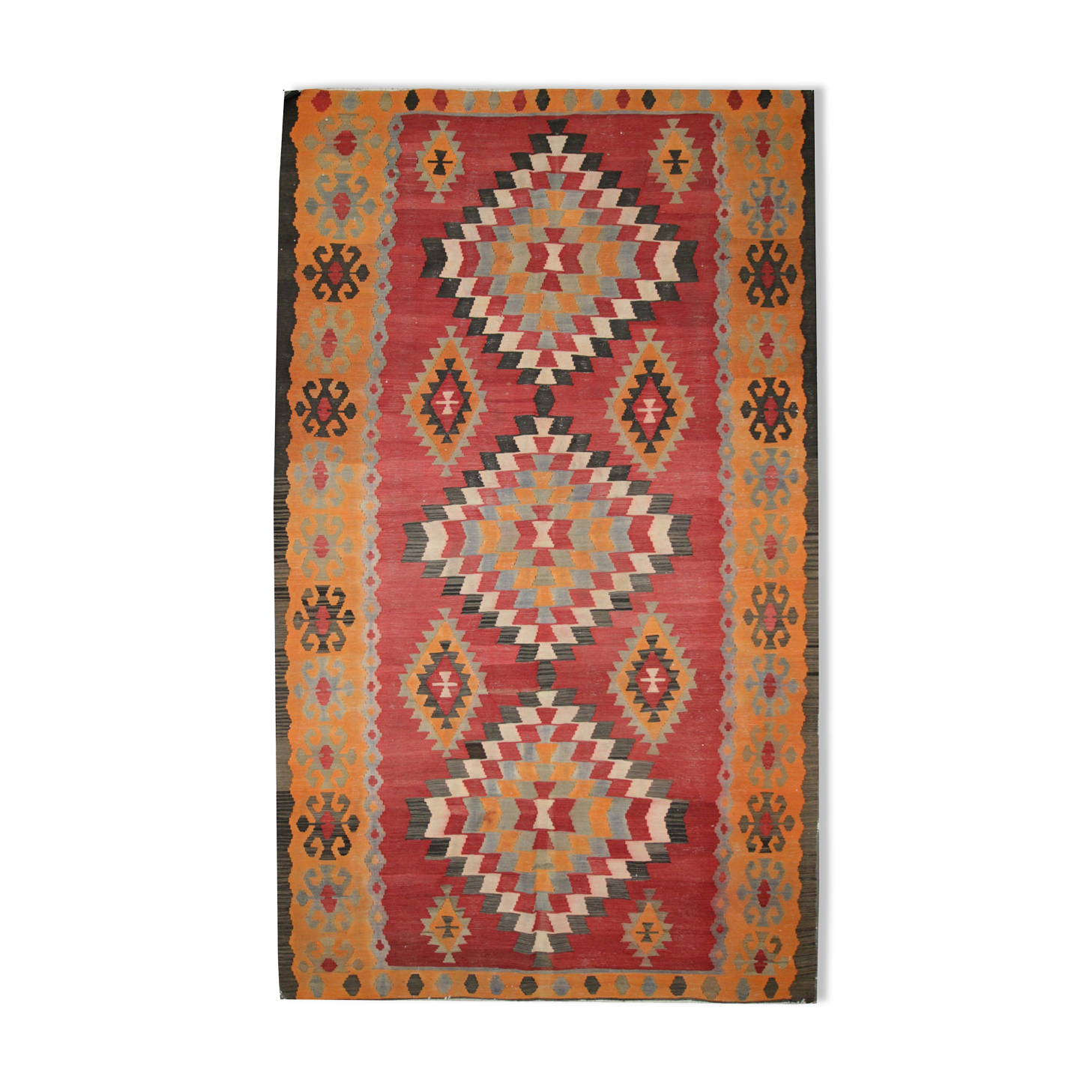 Vintage Persian Kilim Rug, Handwoven Red Wool Carpet- 150x289cm