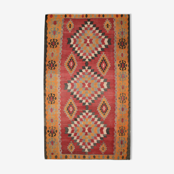 Vintage Persian Kilim Rug, Handwoven Red Wool Carpet- 150x289cm