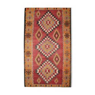 Vintage Persian Kilim Rug, Handwoven Red Wool Carpet- 150x289cm