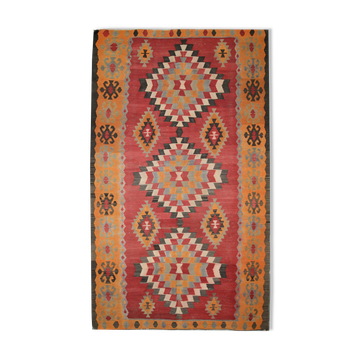 Vintage Persian Kilim Rug, Handwoven Red Wool Carpet- 150x289cm