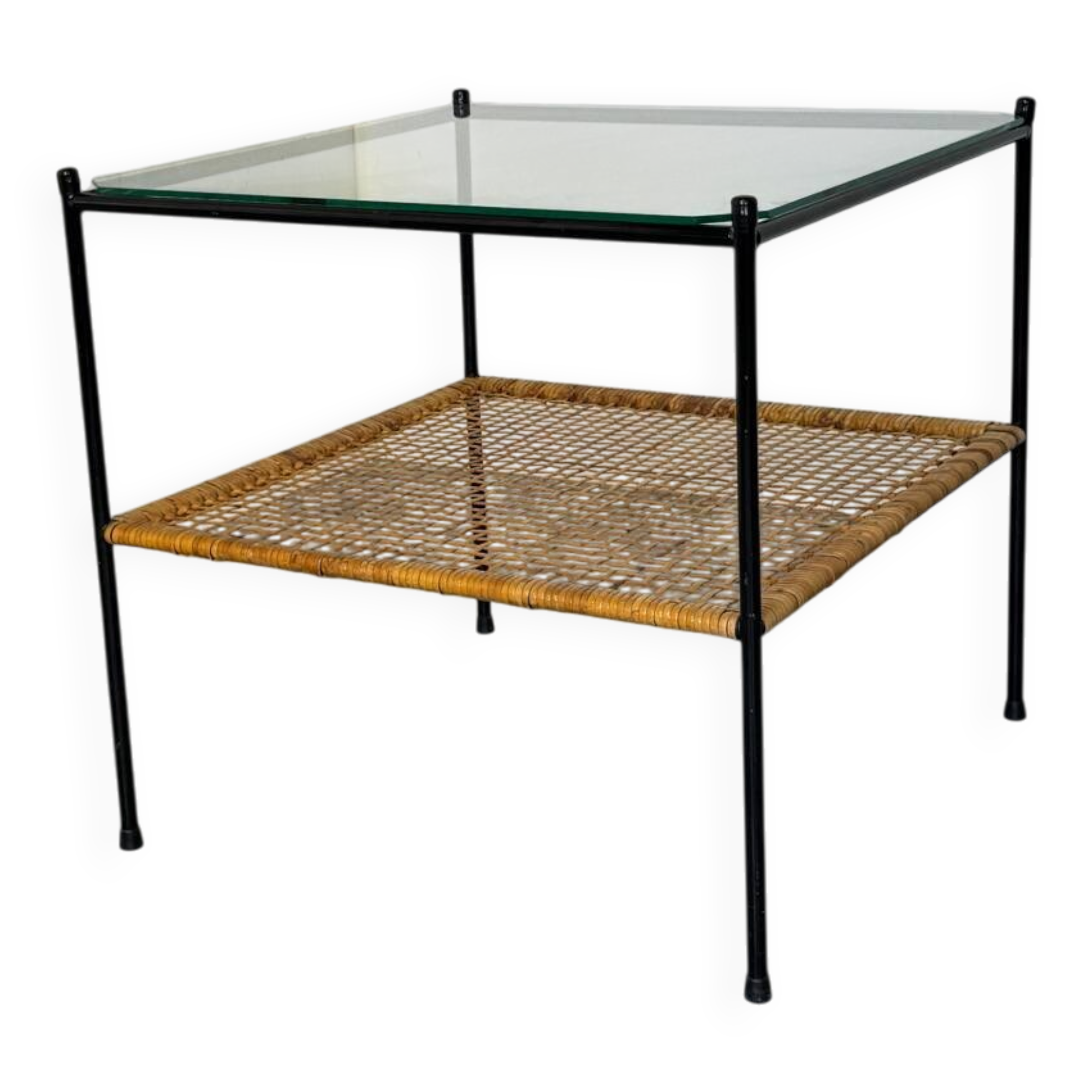Table d'appoint ou table basse en rotin et verre de style danois moderniste du milieu du siècle