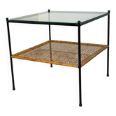 Table d'appoint ou table basse en rotin et verre de style danois moderniste du milieu du siècle
