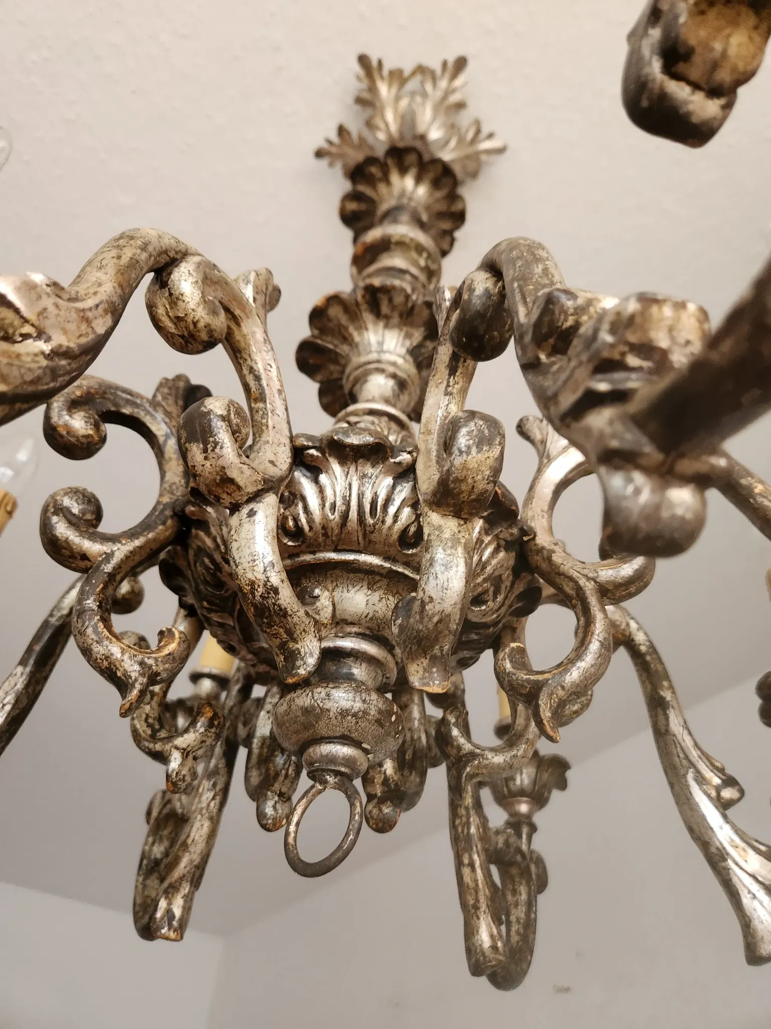 Xl Large Vintage Regency Mid Century Louis XV Baroque Rococo Hand Painted Carved Wood 8 Light Chandelier Floral, Italy, Florence 1920 1950