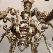 Xl Large Vintage Regency Mid Century Louis XV Baroque Rococo Hand Painted Carved Wood 8 Light Chandelier Floral, Italy, Florence 1920 1950