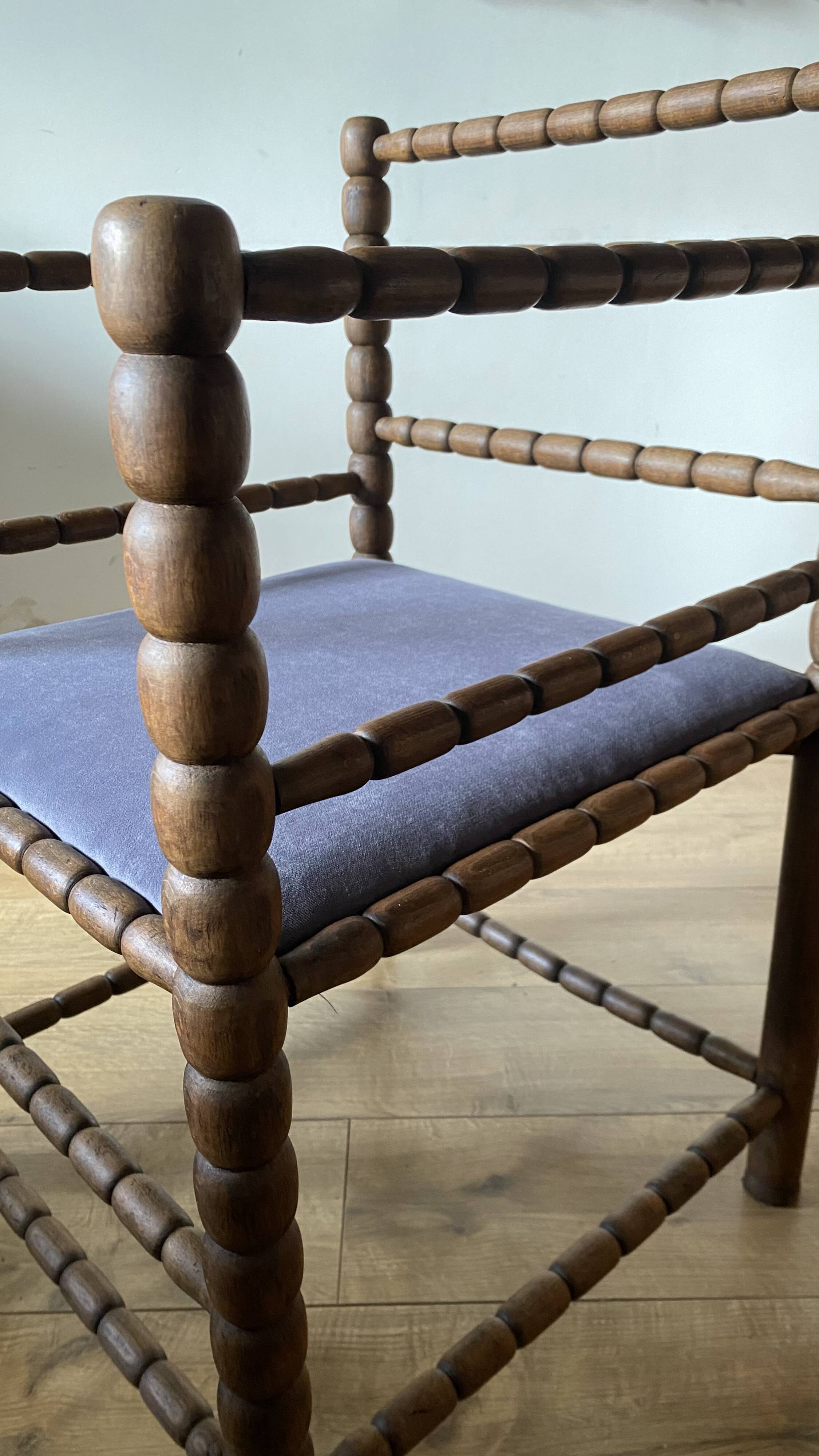 turned wood spool armchair velvet