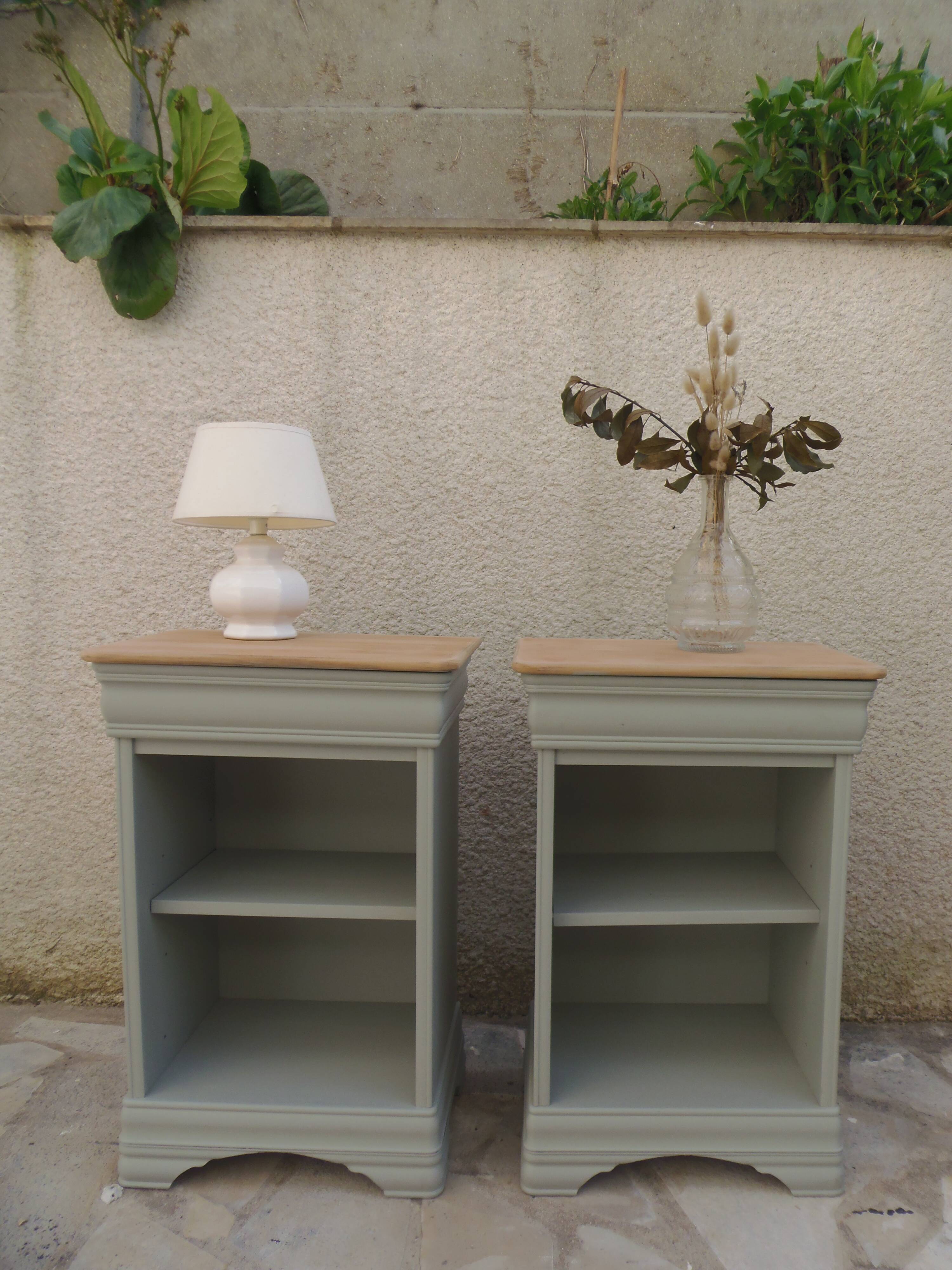 2 Louis Philippe style bedside tables reimagined in grey-green, wooden top.