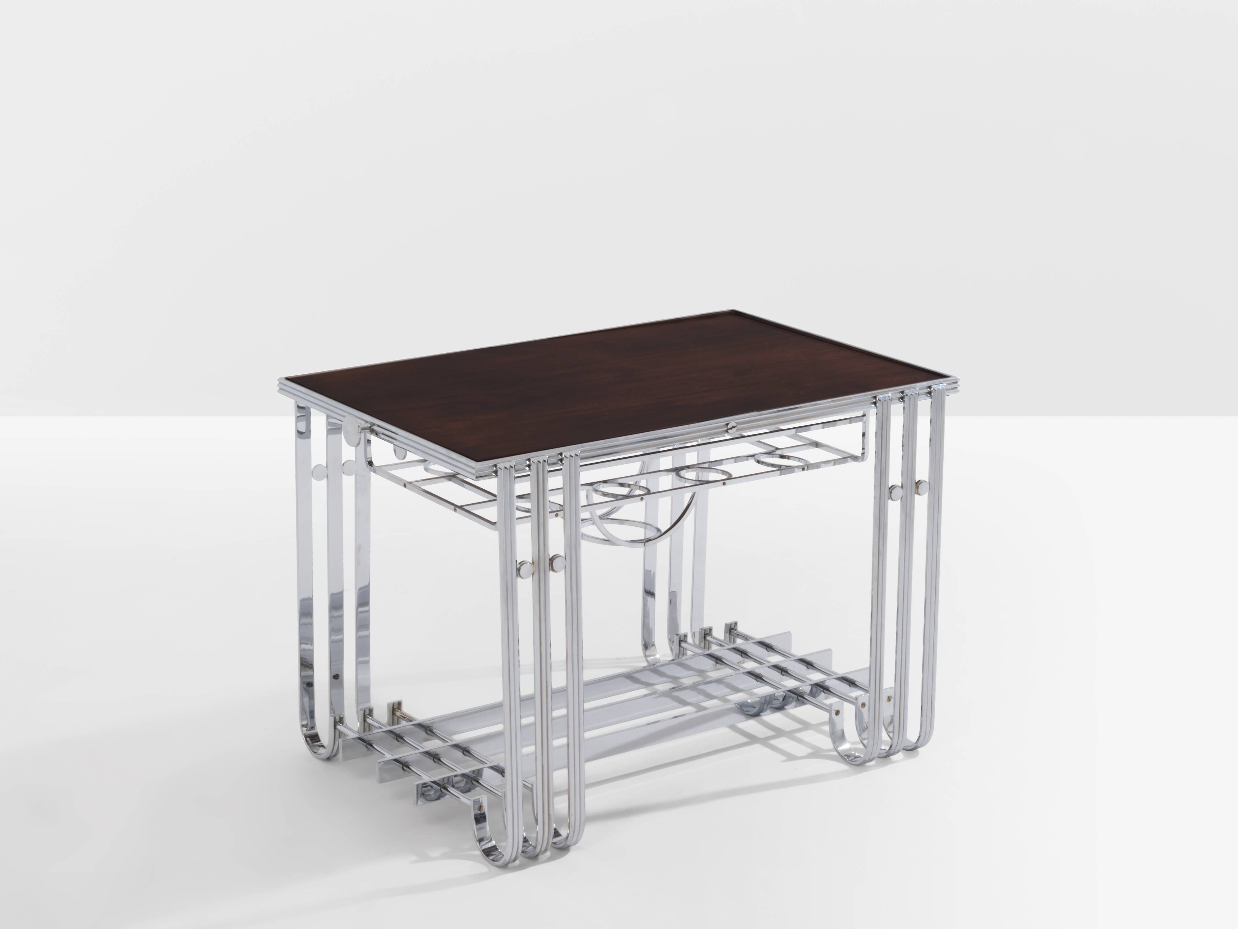 Modernist Art Deco walnut and nickel-plated metal bar table circa 1930