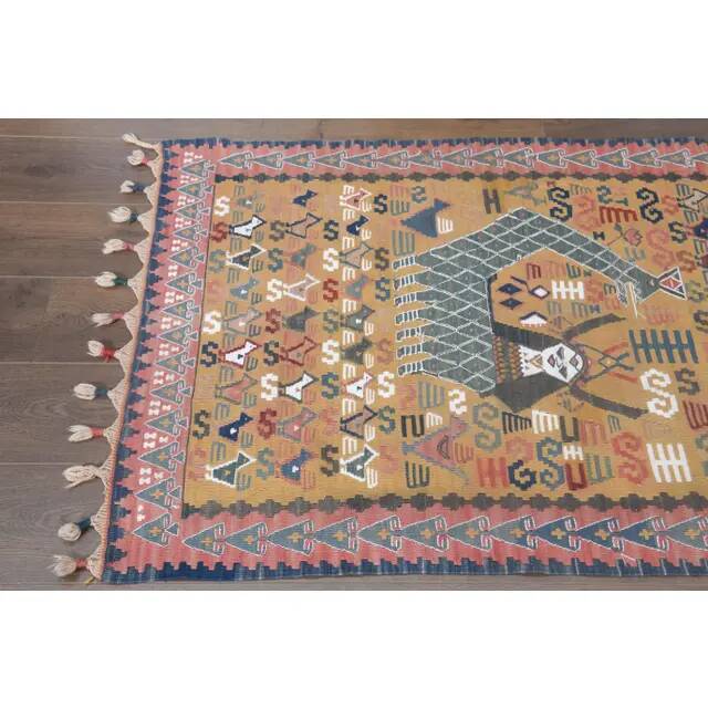 Shahmaran Motif Vintage Turkish Handmade Orange Kilim Rug  94x146