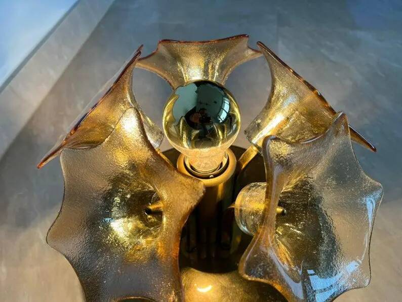 MidCentury Sputnik Flower Ceiling Flush Mount, Amber Murano Glass, Sische, 1960s