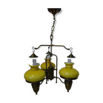 Brass chandelier and mustard yellow opaline glass