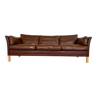 Danish mid-century vintage Mogens Hansen 3-person brown leather sofa 60s