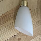 Pair of brass swan neck wall lights with white opaline glass tulip