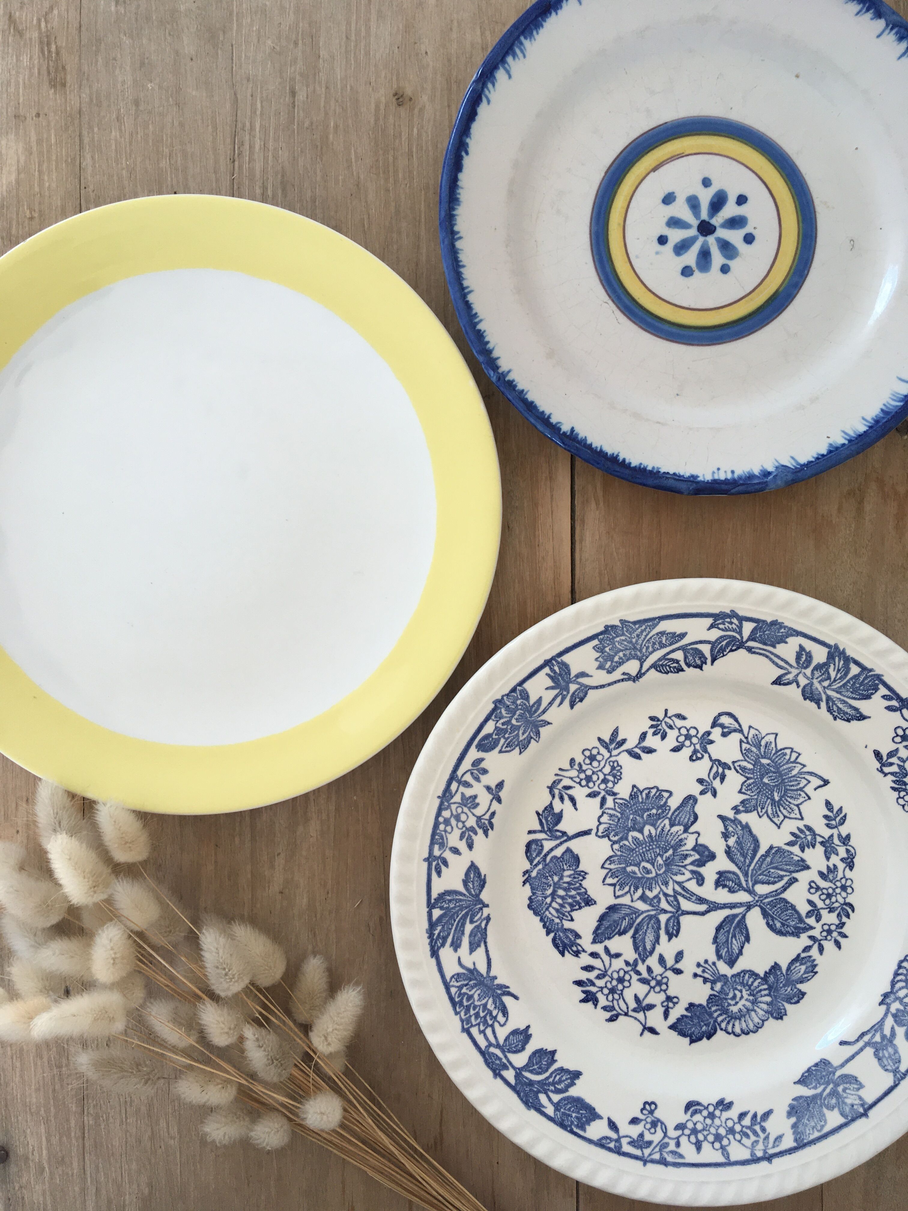 Mismatched yellow & blue plates