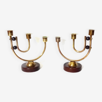 Pair Of Art Deco Candelabra With Three Candles In Brass And Wood