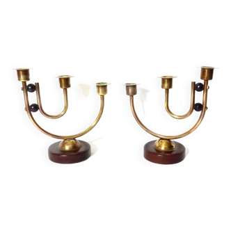 Pair Of Art Deco Candelabra With Three Candles In Brass And Wood