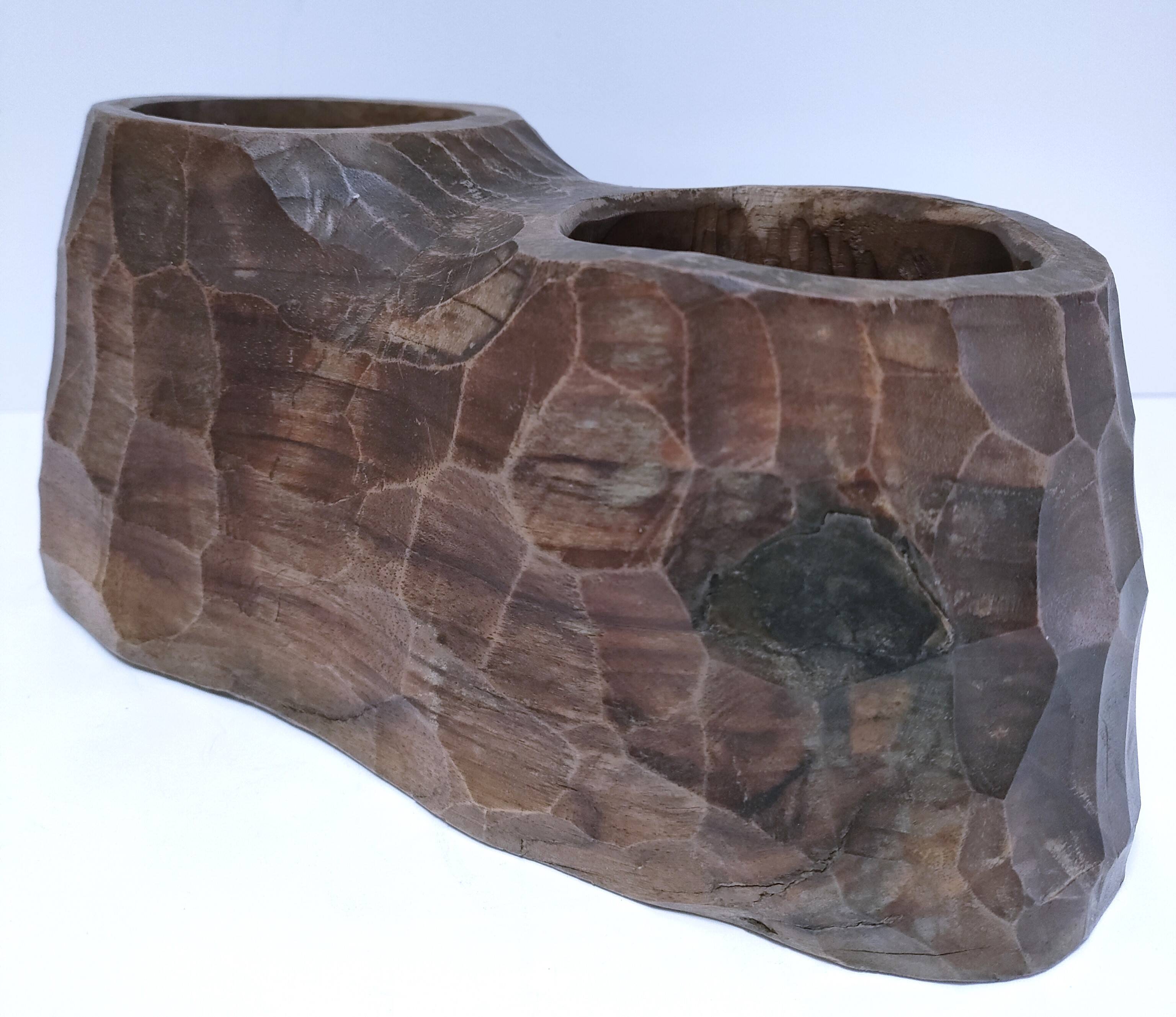 Carved solid wood pencil holder signed vintage