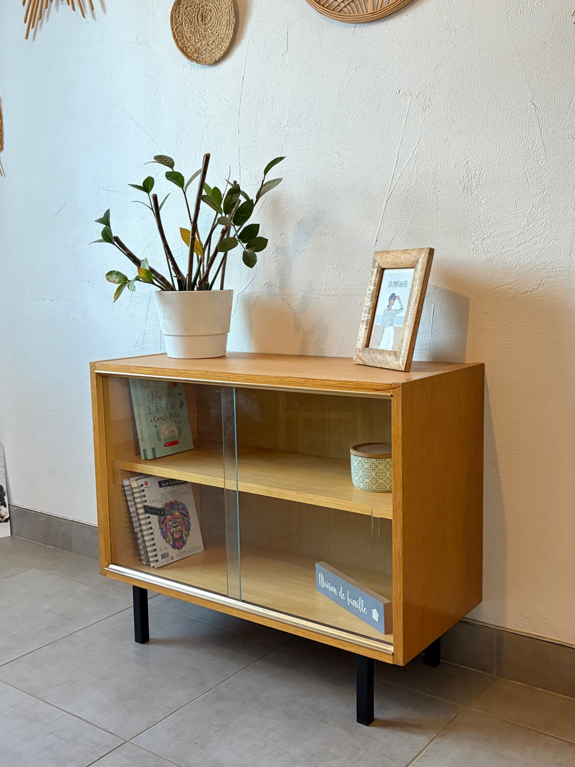 Vintage oak display cabinet from the 1960s.