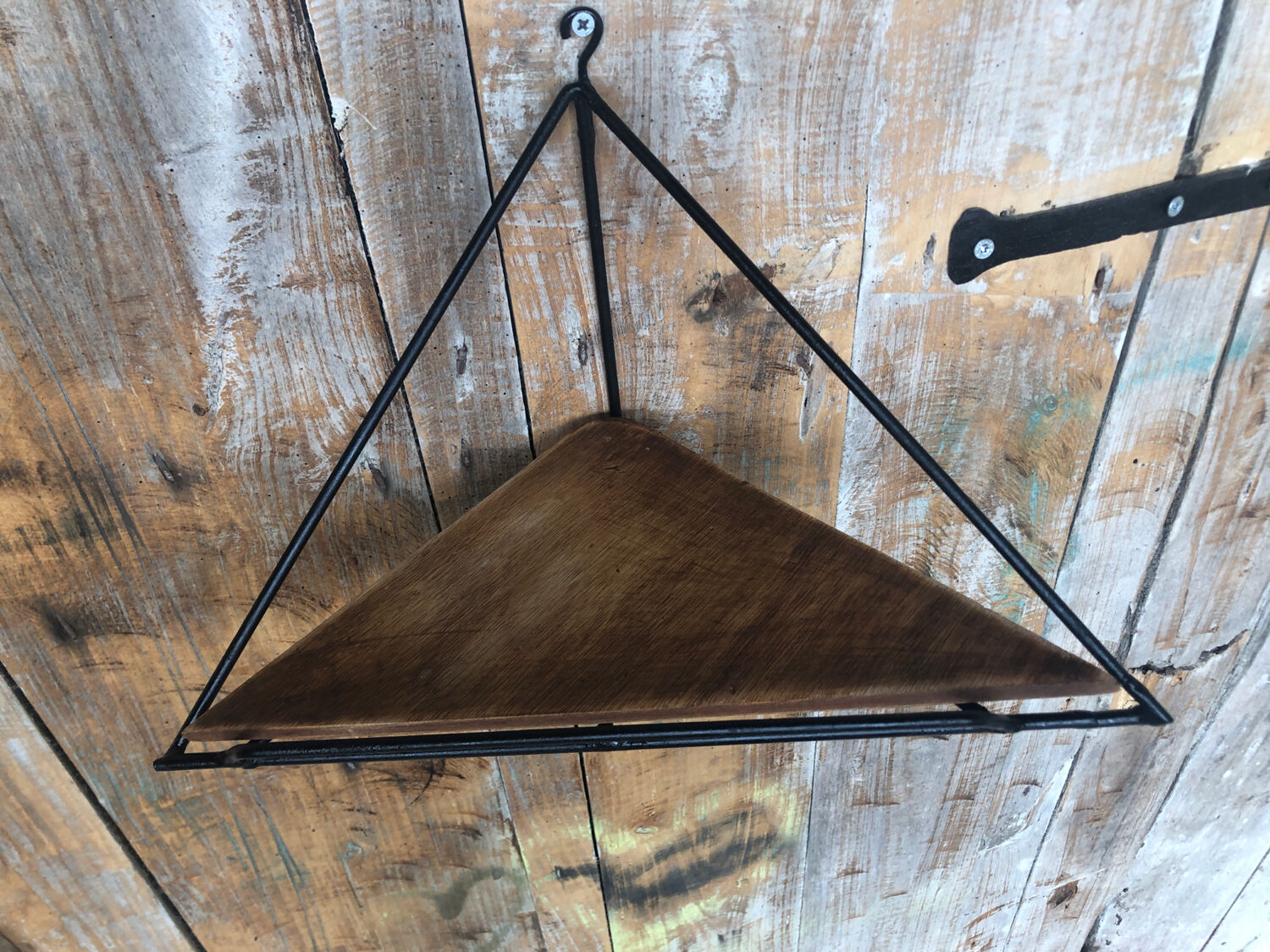 Black wrought iron corner shelf + vintage wooden top