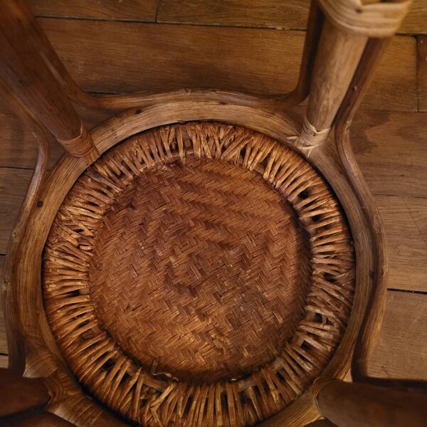 Tabouret tam-tam en rotin et cannage - Design bohème années 1970