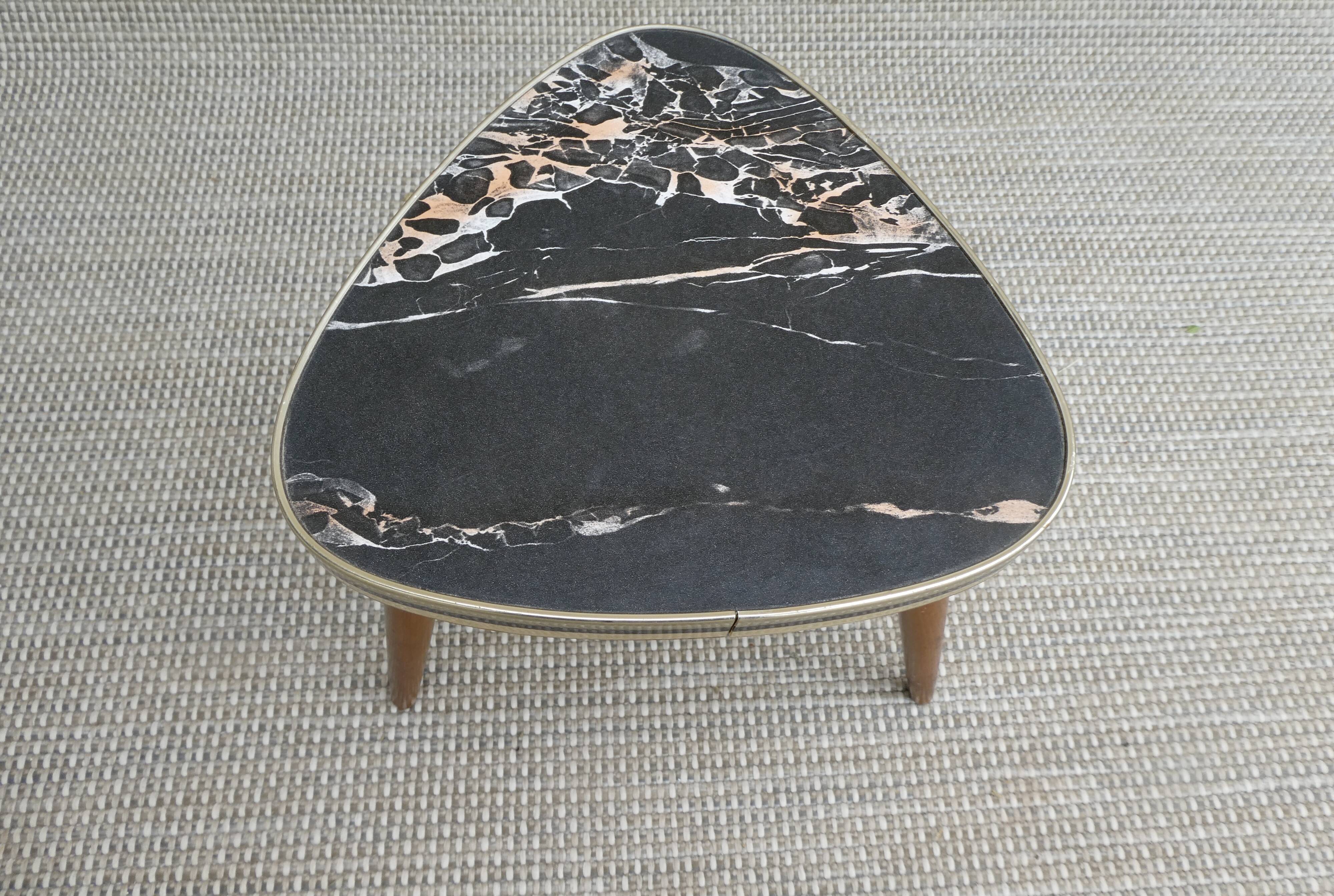 Wooden tripod plant holder and Formica imitating marble, 60s