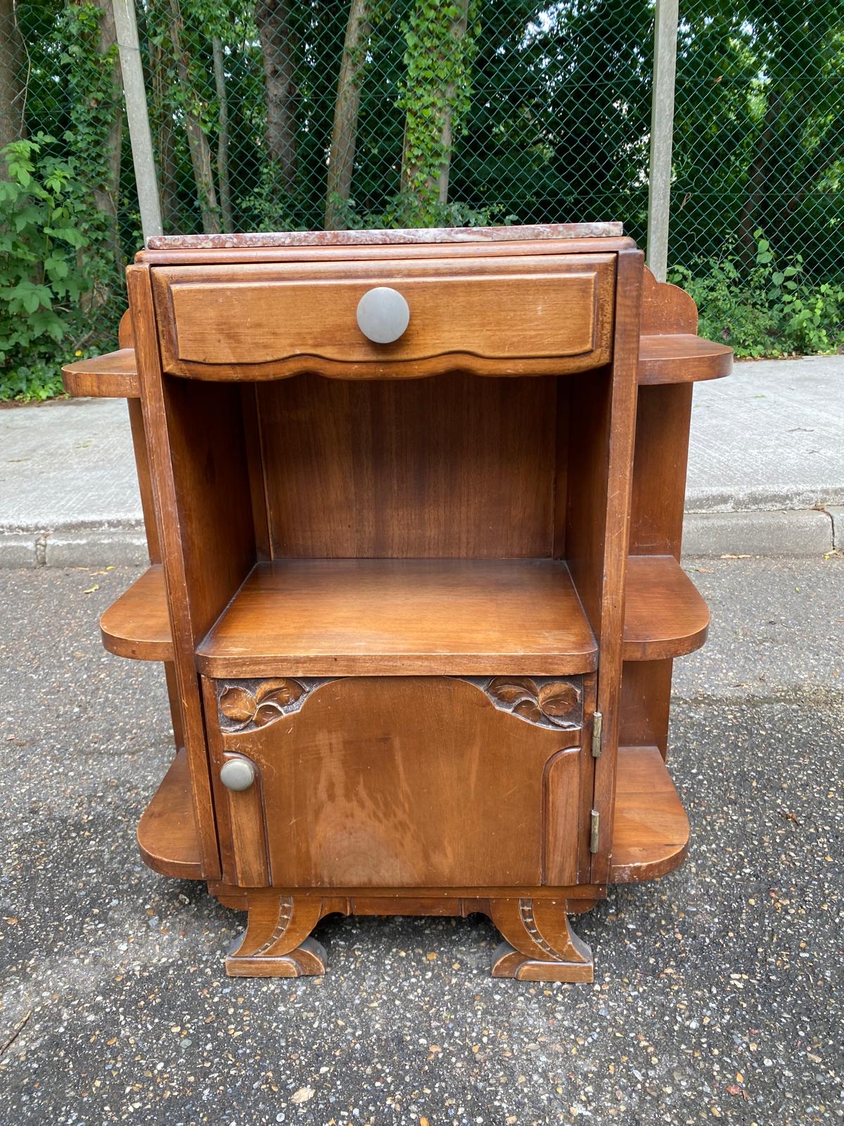 Art Deco bedside table in solid oak and marble from the 1940s.