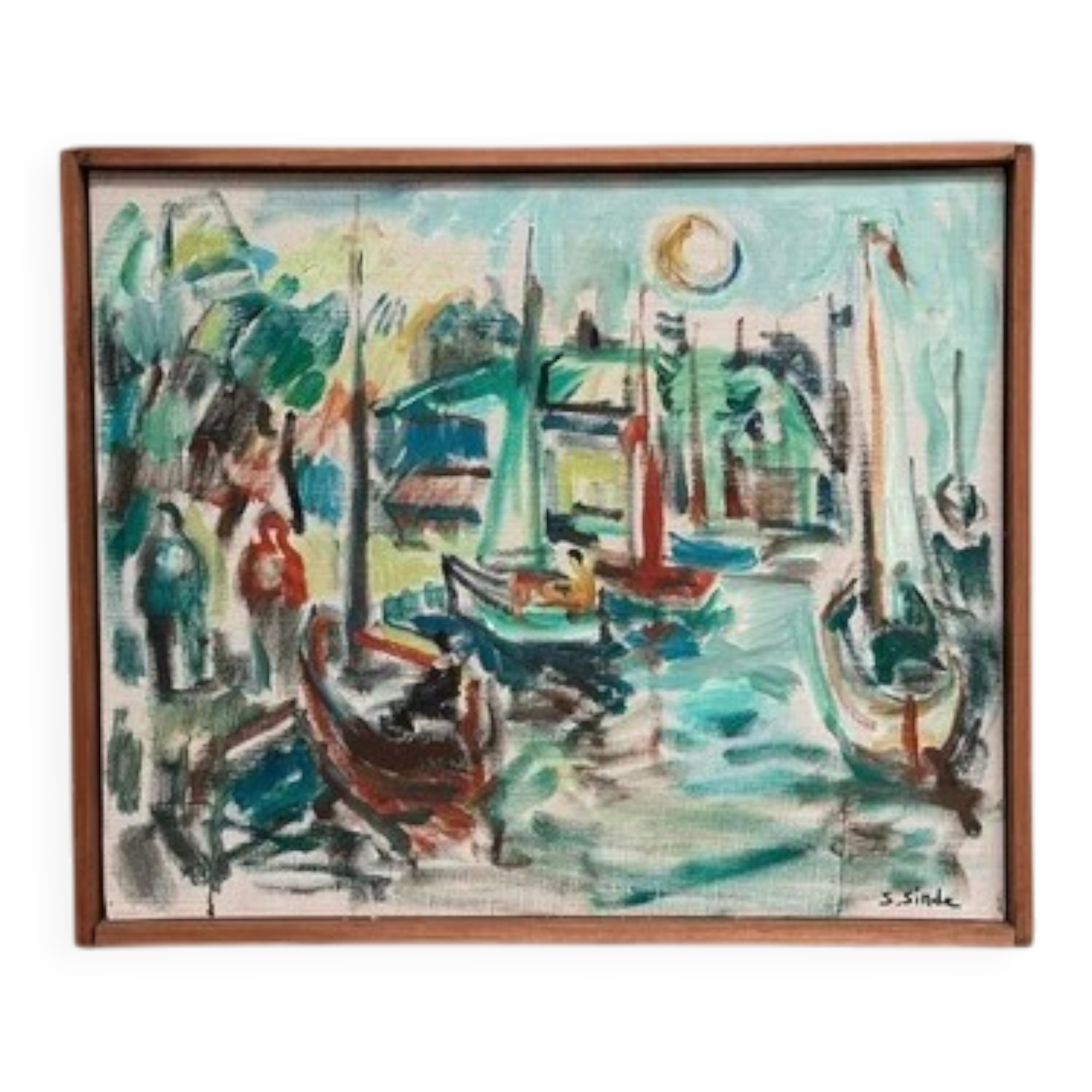 Original Swedish Oil on Canvas" Harbor" By Sven Sinde, Vintage & Framed 47×38cm