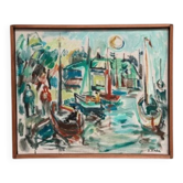 Original Swedish Oil on Canvas" Harbor" By Sven Sinde, Vintage & Framed 47×38cm