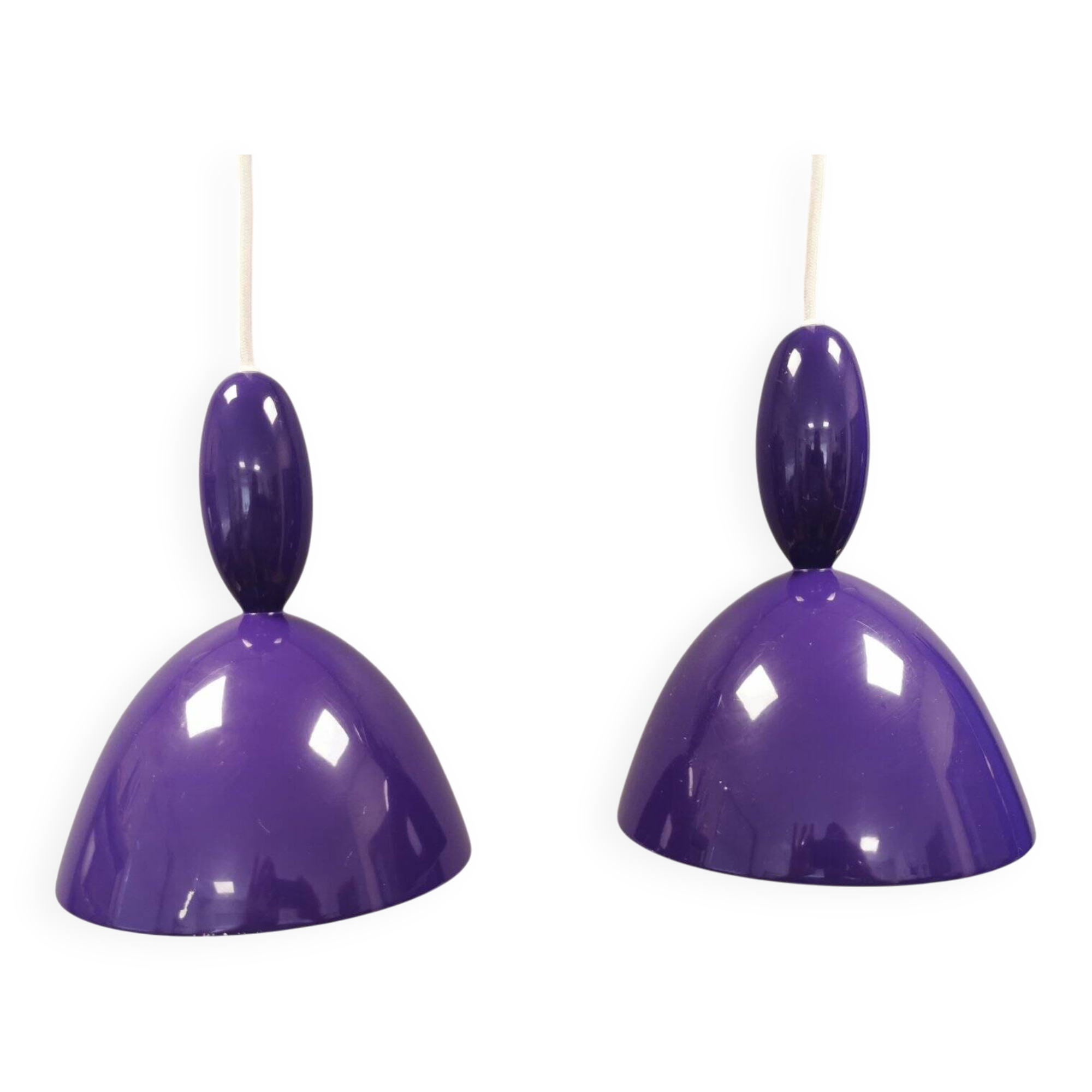 Two purple hanging lamps from Norway Says for Muuto, model Mhy