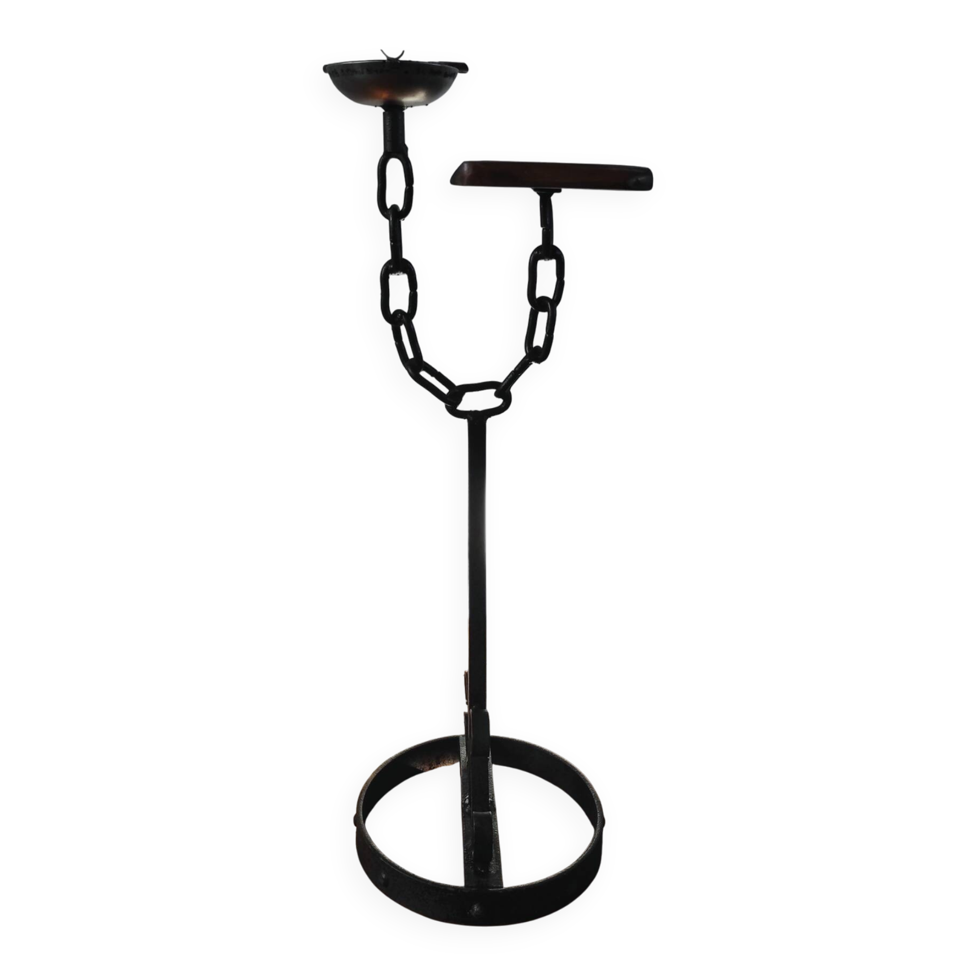 Meuble d'appoint, cendrier brutaliste en fer forgé et bois