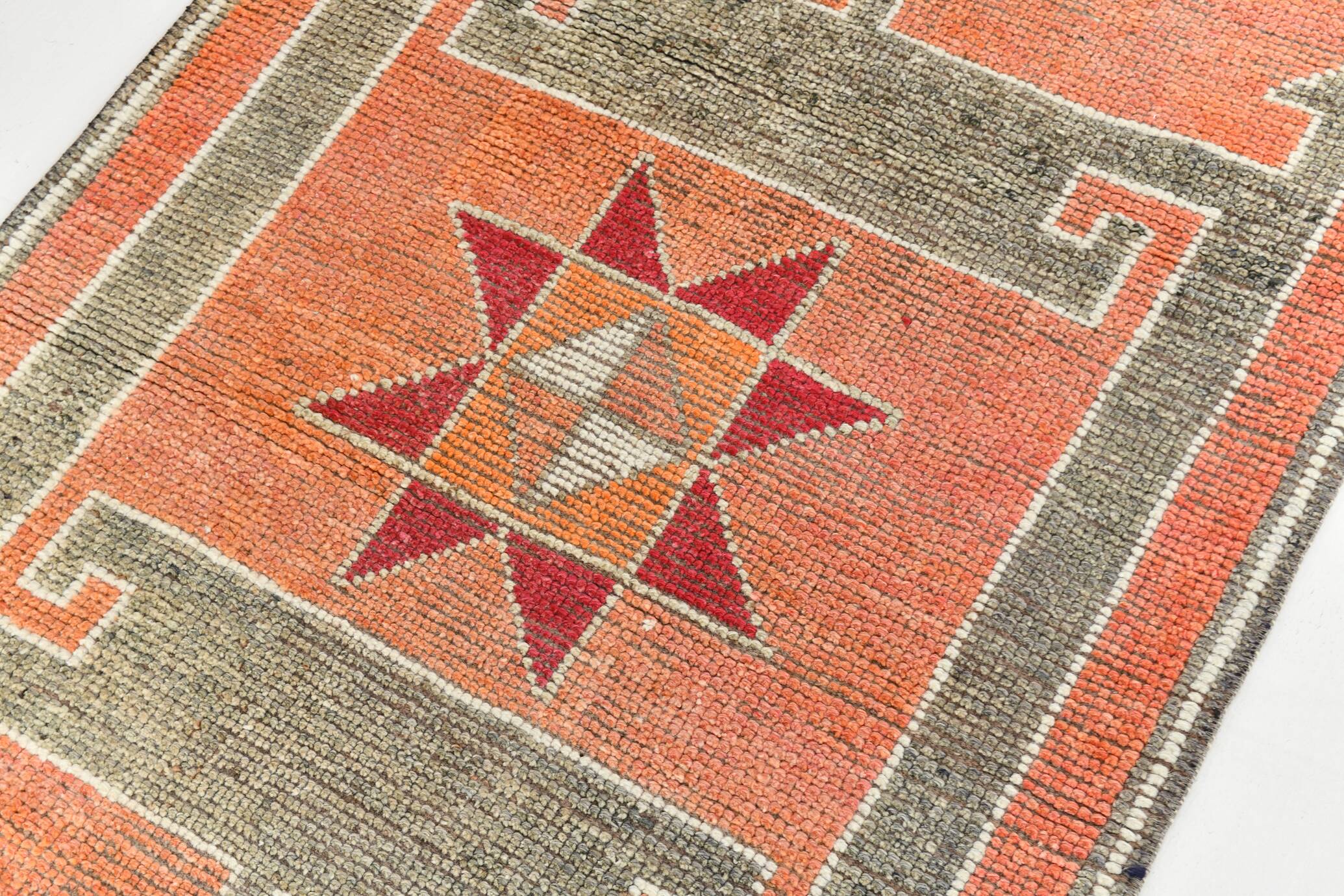 3x11 Crimson & Grey Boho Hallway Rug, Handmade Turkish Wool Rug, 93x342Cm