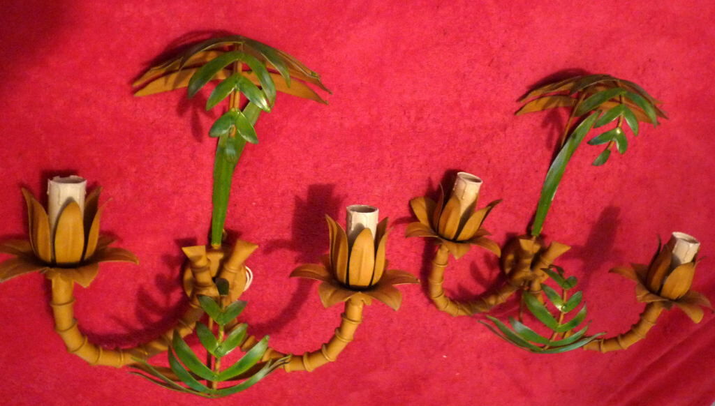 Pair of painted tole sconces decor palm