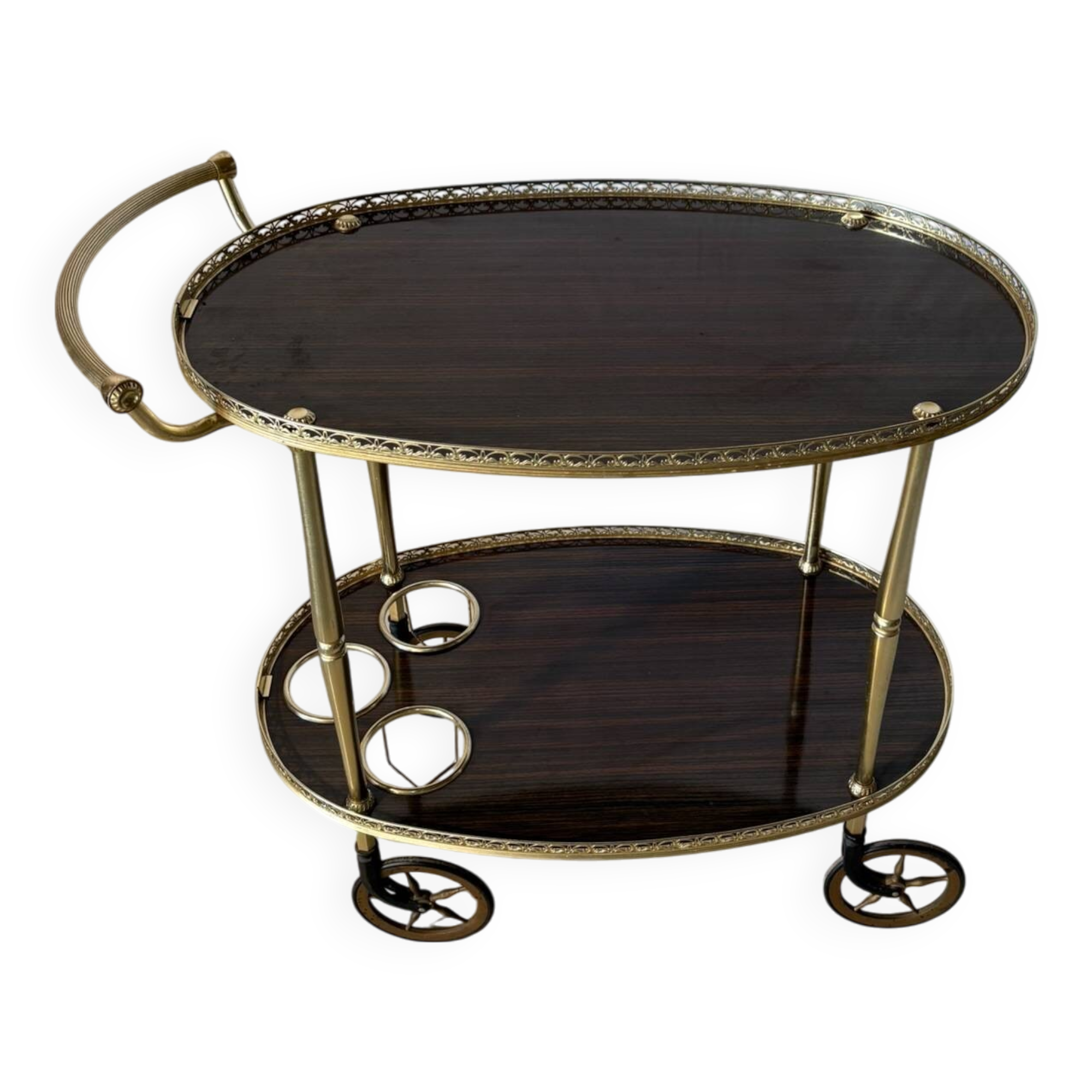 Vintage brass and dark wood serving trolley – 1960s