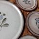 8 dessert plates + brown/blue stoneware tart dish, Fanchon model by MBFA Pornic, 1970s