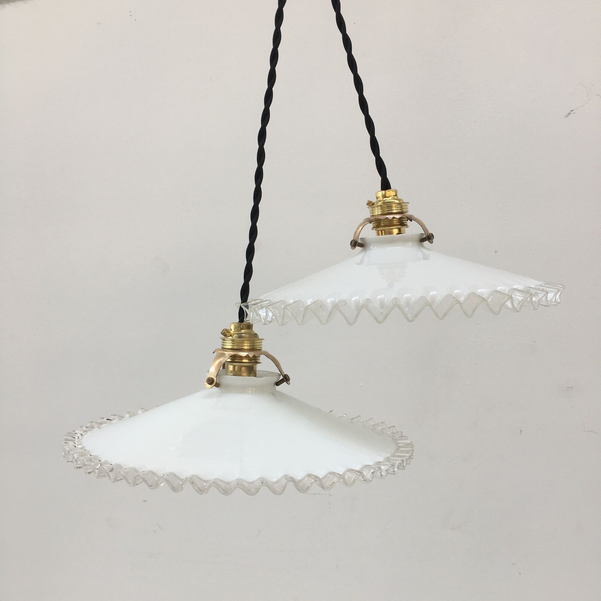 Pairs of vintage suspensions in white opaline with serrated edges